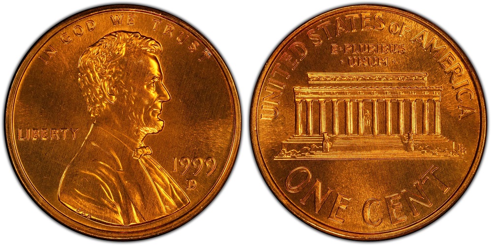 1999 Lincoln Memorial penny obverse and reverse showing the coin's design and mint mark location