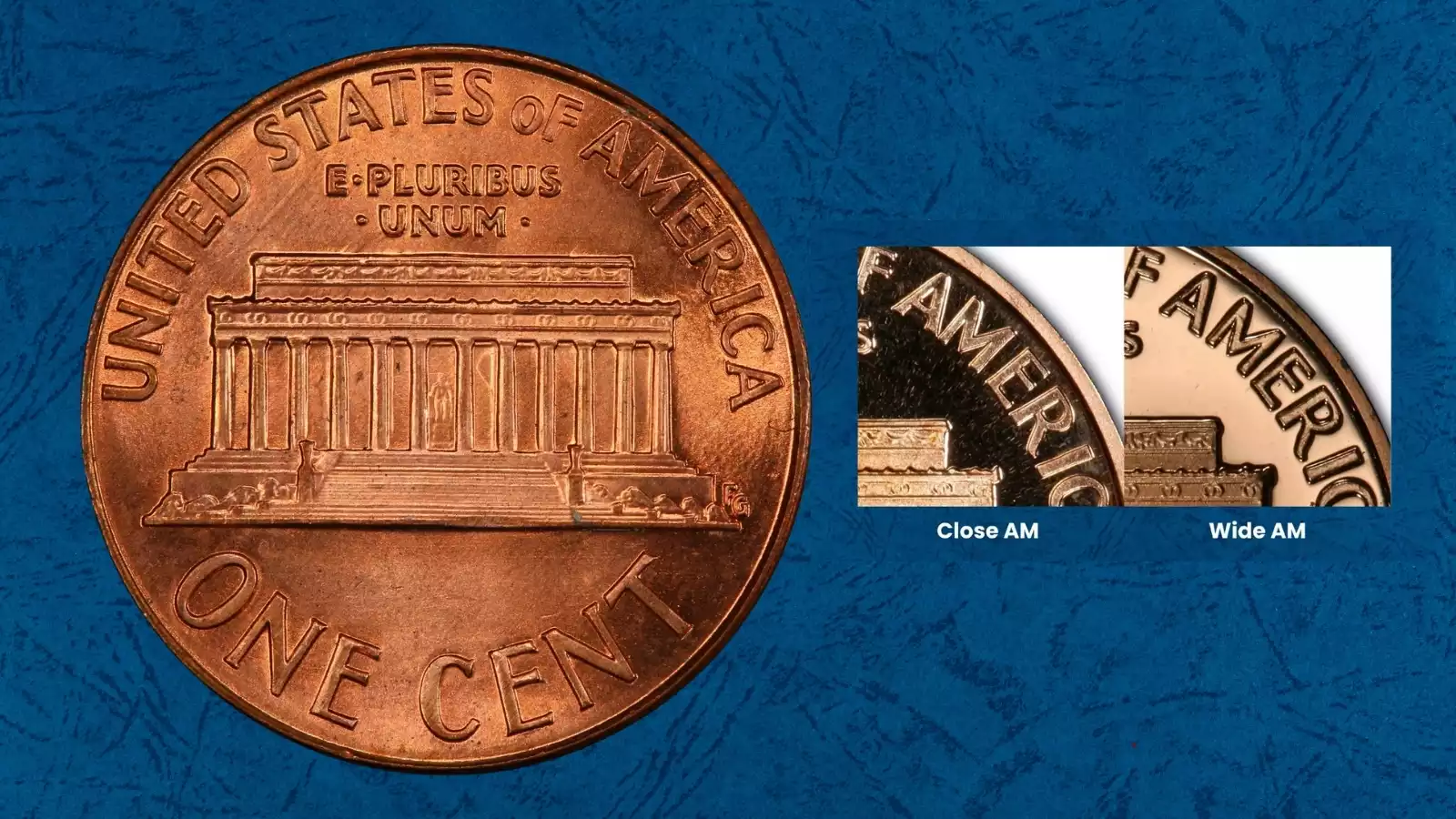 Side-by-side comparison of 1999 penny standard Close AM reverse versus the rare Wide AM reverse showing the gap between A and M in AMERICA