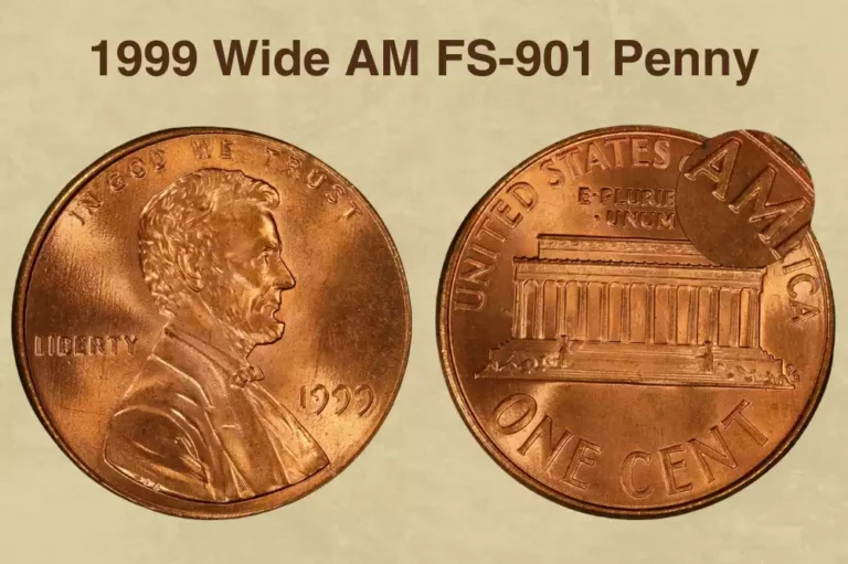 1999 Wide AM penny reverse close-up showing the clear gap between A and M in AMERICA — the FS-901 mule error