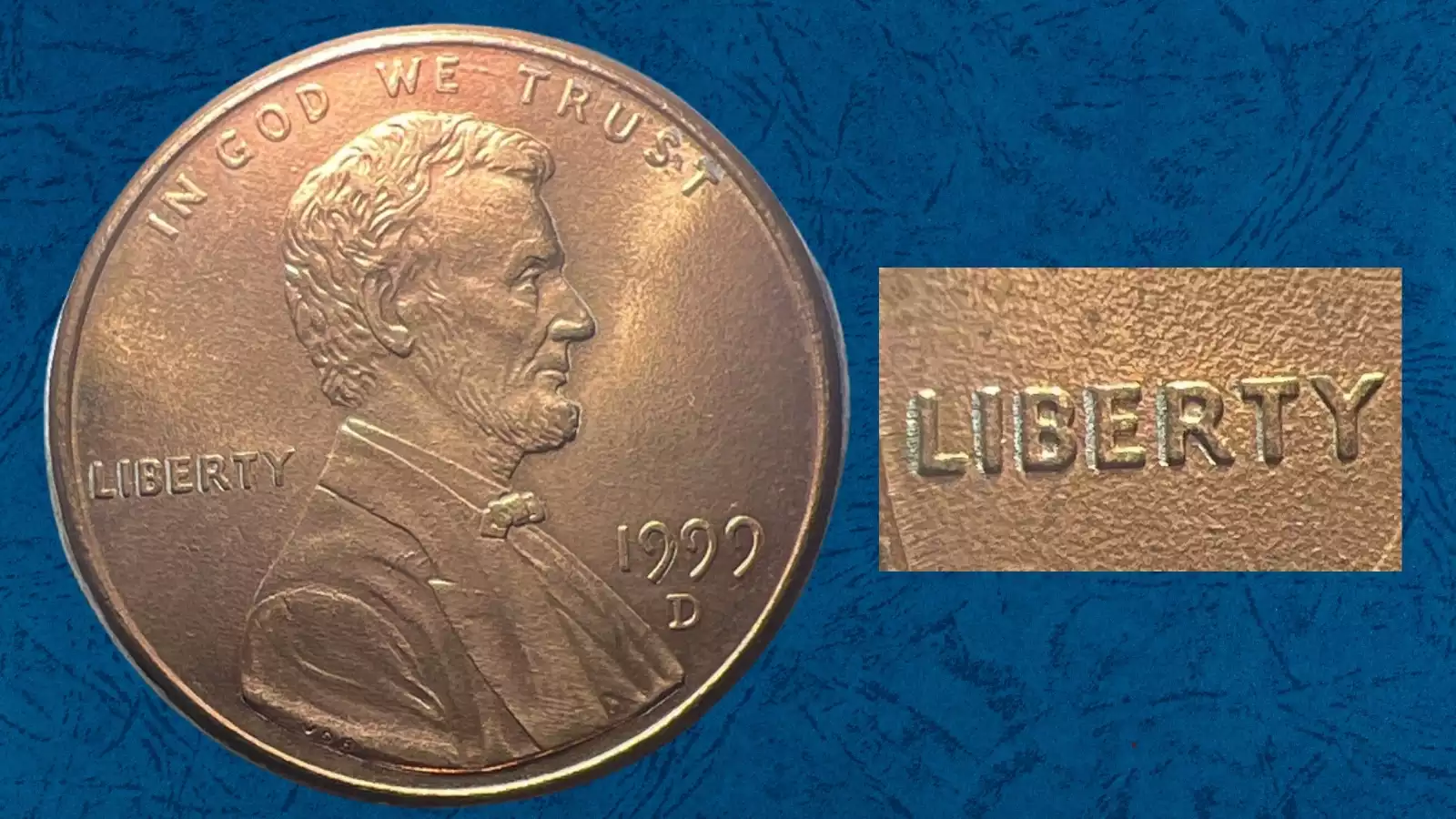 1999 penny Doubled Die Obverse close-up showing shelf doubling effect on IN GOD WE TRUST or the date