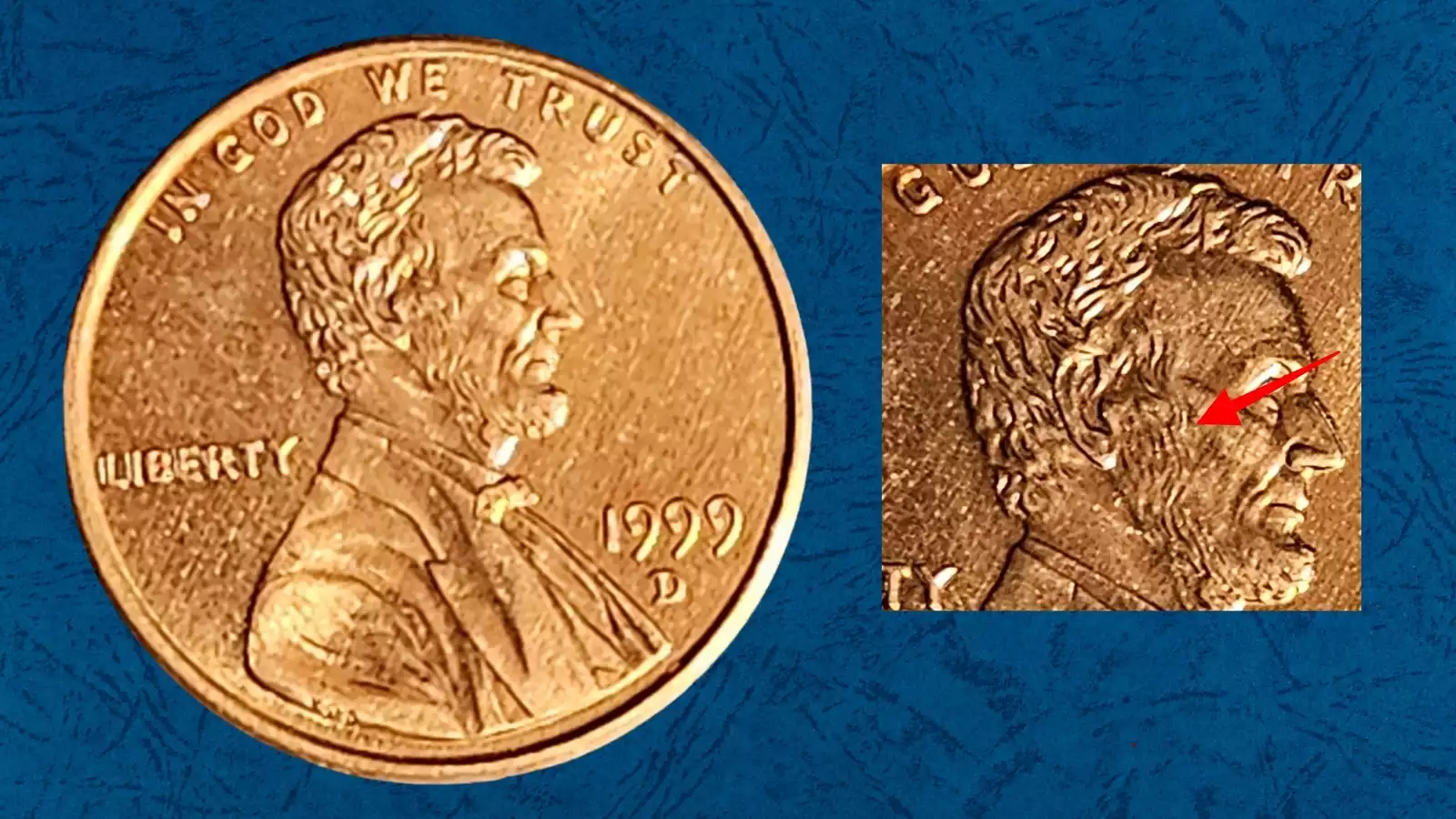 1999 penny die crack error showing raised metal line on coin surface from a cracked working die