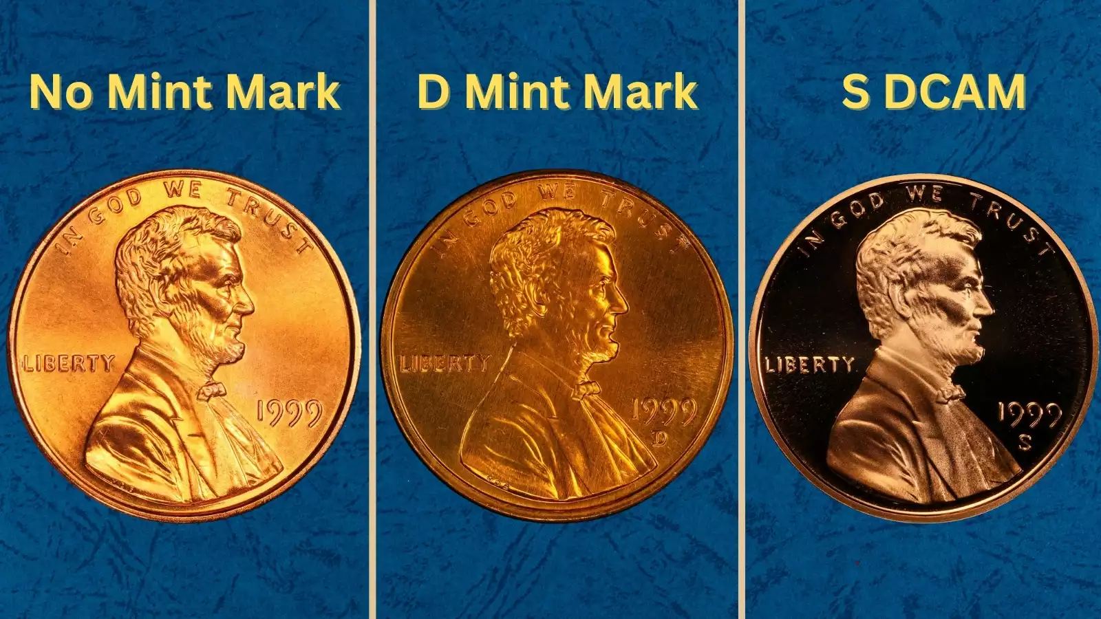Group photograph of 1999 Lincoln Memorial pennies from all three mint facilities showing Philadelphia, Denver, and San Francisco examples