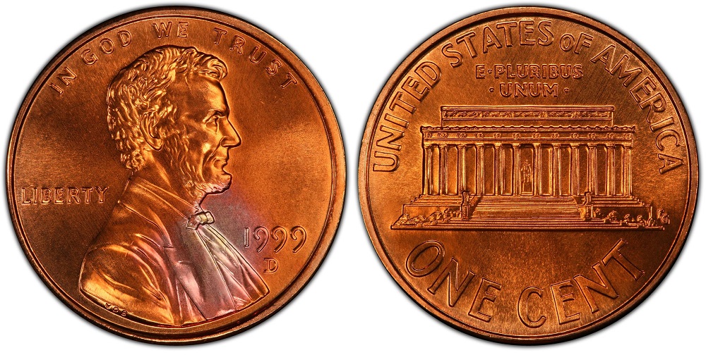 1999 penny grading strip showing four condition tiers from left to right: Worn, Circulated, About Uncirculated, and Gem Mint State